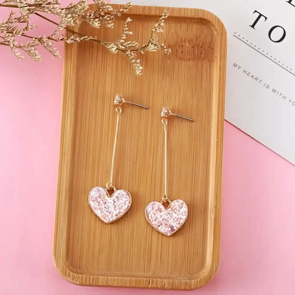 NEW Gold Dangle Pink Glitter Heart Tassel Earrings, Chic dangle earrings